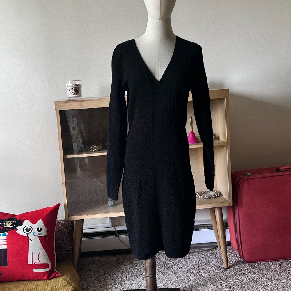 VTG 90s Cache Waffle Stretch Deep V - Knit Dress - Medium